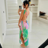 Bonnyshow Summer Colorful Print Long Dress Women Elegant Sleeveless Slim Maxi Evening Party Dresses Sexy Split Backless Beach Dress