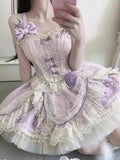 Bonnyshow  Summer New Bow Lace High Waist Slim Birthday Party Dresses Purple Pure Lust Lolita Jsk Cute Sweet Fluffy Princess Dress