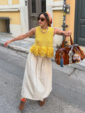 Bonnyshow  Trendy Yellow Fringe Patchwork Woman Vest Top Boho Chic Sleeveless Summer Knit Streetwear 2025 Fashion Hollow Out Casual Blouse