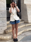 Bonnyshow  Chic One Button Women's Blazer Coat Elegant Laple Short Sleeve Shoulder Pad Pockets Jacket Female Summer Lady Commute Outwears