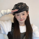 Bonnyshow Autumn Leather Berets Hat for Women Korean Solid Color Octagonal Cap Female Girls Japanese Vintage Painter Artist Hats
