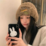 Bonnyshow Winter Plush Knit Beanie Hat Women Solid Color Letter Fluffy Faux Fur Bucket Cap Korean Warm Female Ear Protection Caps Bonnet