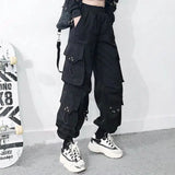 Bonnyshow Streetwear Spring Summer Cargo Pants Women Harajuku Slim Punk Ribbons Joggers Elastic Waist Ankle-Length Trousers For Girls