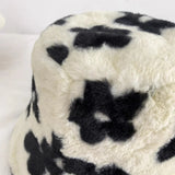 Bonnyshow Korean Flower Plush Bucket Hat for Women Winter Warm Faux Fur Fishermen Cap Solid Color Floral Female Basin Hats