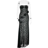 Bonnyshow  Sexy Strapless Transparent Lace Wers Women Maxi Backless Evening Dress Female Autumn New Elegant Party Clubwear
