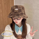 Bonnyshow Winter Bucket Hat for Women Plaid Warm Plush Fisherman Cap Korean Ladies Faux Rabbit Fur Thicken Bob Panama Hats gorro