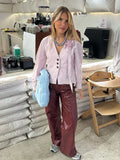 Bonnyshow  Casual Striped 3d Flower V-neck Cropped Vest Chic Full Sleeve Slim Fit Button Top For Women 2025 Lady Summer Holiday Street Wear