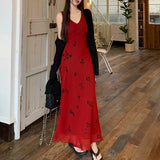 Bonnyshow Summer New Korean V-neck Floral Print Elegant Sling Dress Women + Lace-up Casual Knit Long-sleeved Cardigan Two-piece Suit