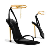 Bonnyshow  Women heels Sexy Gold  High Heels Sandals Thin Single Strap Metal Stiletto Sandals Gold Heel Shoes