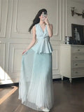 Bonnyshow  High-end temperament elegant set women spring summer V-neck sleeveless top pleated half body long skirt two-piece set