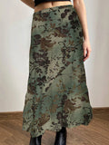 Bonnyshow Forest Green Y2K Aesthetic Plant And Flower Print Long Skirts Womens Elegant Vintage Clothing