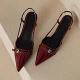 Bonnyshow  New Summer French Wine Red Pointed Patent Leather Mid-heel Overhead Sandals for Women Retro Skinny Heel Back Empty Shoes
