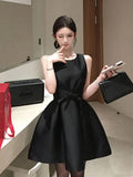 Bonnyshow  French Elegant Bow Sweet Slimming Sleeveless Black Birthday Dress for Women Summer Waist Cinched A-line Mini Dress for Women