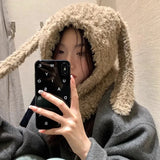 Bonnyshow Y2K Rabbit Ears Plush Hat for Women Winter Warm Fluffy Fur Balaclava Cap Solid Color Lady Girls Ear Protection Beanie Caps 바라클라바