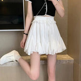 Bonnyshow Ruffled A-line Skirt Pleated Fluffy High Waist mini Skirts Elastic Waist Summer White Black Solid cake Aesthetic Skirt Female