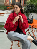 Bonnyshow  Vintage Red Women's Bomber Jacket Loose Stand Collar Full Sleeve Zipper Female Jackets 2025 Autumn Winter Fashion Streetwears