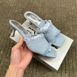 Tassel Denim Slippers Women Summer Vintage Blue High Heels Sandals Casual Streetwear Heeled Ladies Shoes Fashion Slides New 2025