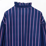 Bonnyshow  women's casual simple stand up collar long sleeved fashionable bow decoration striped summer new shirt