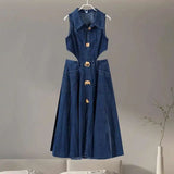Bonnyshow  Lapel Hollowed Out Women Jeans Dresses Sexy Stand Collar Metal Button Open Waist Sleeveless Split Spring Autumn Lady Denim Dress