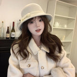 Bonnyshow Elegant Felt Fedora Hat for Women Autumn Winter Warm Woolen Bucket Cap Vintage Solid Color Lady Dome Jazz Caps