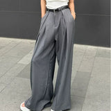 Bonnyshow Baggy Casual Grey Suit Pants Woman Korean Fashion Classical Office Ladies Wide Leg Trousers High Waist Basic Pantalones