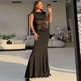 Bonnyshow black mesh patchwork maxi dress for women elegant sleeveless slim evening party dresses summer sexy sheer holiday outfits