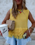 Bonnyshow  Trendy Yellow Fringe Patchwork Woman Vest Top Boho Chic Sleeveless Summer Knit Streetwear 2025 Fashion Hollow Out Casual Blouse