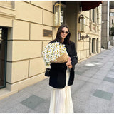 Bonnyshow  Fashion Pleated  Spliced Long Skirt Suits Women Knitted Chic Button V Neck Lady Vest Set High Waist Zipper Skirt Summer Set