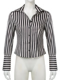 Bonnyshow  Black White Striped Shirts Vintage Button Up Long Sleeve Crop Top Aesthetic Elegant Streetwear Y2k Casual All Match Top