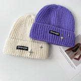 Bonnyshow Korean Letter Knit Beanie Cap Women Winter Thickened Warm Pullover Hat Solid Color Star Female Ski Woollen Caps
