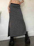 Bonnyshow Y2K Black White Stripe Long Skirts Women Split Elastic Waist Basic Elegant Knitted Skirt