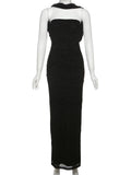 Bonnyshow  Sexy Halter Backless Dress Women Summer Elegant Strapless Sleeveless Double-Deck Pleated Midnight Club Party Bodycon