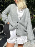 Bonnyshow  Solid Simple Loose Cardigan Sweater Women V Neck Single Breasted Long Sleeve Knitwear Autumn Casual Fashion Knitted Outerwear