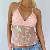 Bonnyshow  Women Sequin Halter Top Sexy Sleeveless Deep V Neck Glitter Tank Top Sparkle Backless Crop Top Summer Streetwear