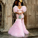 Bonnyshow Aso Ebi Stylished Sparkle Sequined Pink Long Mermaid Evening Dresses With Big Volume Ruffles Tulle Bottom African Evening Gowns