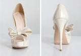 Bonnyshow  Summer Flower Lace Big Bowtie Peep Toe Pumps Stiletto Heels Side Cutout Woman Patent Leather Patchwork slip on weding Shoes