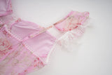 Bonnyshow  Romantic Floral Print Maxi Dress Ruffle Trim Lace Detail Tiered Long Pretty Pink For Women Sleeveless Summer TH9769