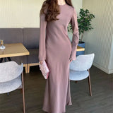 Bonnyshow  Elegant Lady Solid Silk Dresses 2024 New Flare Sleeves O-neck Birthday Party Dresses Evening Wedding Dresses Autumn For Women