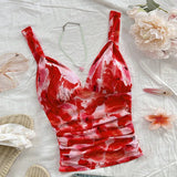 Bonnyshow  Women's V Neck Cami Tops Sleeveless Spaghetti Strap Floral Print Camisole Beach Sexy Short Vest Summer 2025