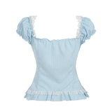 Bonnyshow  Sweet Simple Slim Fit Lace Spliced Women Plaid Shirts Fashion Causal Ruffly Bow Fake 2 Piece Blouses