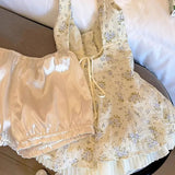 Bonnyshow  Two-Piece Floral Suspender Dress Slim Leggings For Women Summer New Holiday Dress French Princess Short Party Dresses