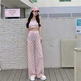 Bonnyshow  2 Piece Set Women Strapless Crop Top + Wide Leg Pants Suits Female Sexy Outfits For Woman Ins New Summer Fashion Casual Plaid