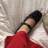 Bonnyshow  Square Toe Red Rivet Mary Jane Shoes Women Elegant Spring Autumn Flats Shoes Ladies Shallow Casual Black Loafers Footwear 2025
