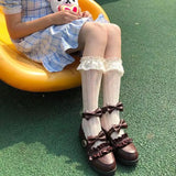 Bonnyshow Women's Summer Spring Cotton Socks Thin White Lolita Lace Stocking Black Jk Bow Sweet Mid-leg Calf Socks Sweet Style Girls Gift