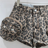 Bonnyshow  Fashion Leopard Print Retro Elastic Shorts Women's High Waist 3D Big Pockets Hot Pants Summer New