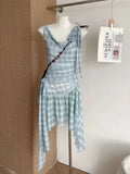 Bonnyshow  Fashionable Irregular Mini Dress Female Clothing Plaid Summer New Swinging Collar Drawstring Hotsweet Sleeveless Vintage Dresses