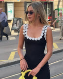 Bonnyshow  U Neck Flower Splicing Sling Mini Dress Women Black Sleeveless Backless Bodycon Dresses Summer New Lady Vocation Streetwear