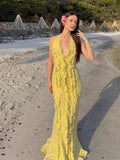 Bonnyshow  Elegant Yellow Halter A Line Prom Gowns Ruffles Tiered Backless Party Gown Summer Vacation Chiffon Long Evening Dress 2025
