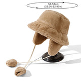 Bonnyshow Winter Warm Bucket Hat with Earflap Solid Color Thicken Plush Ear Protection Cap Women Warm Faux Fur Earmuff Hats