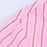 Bonnyshow  Women's Versatile Collar Striped Shirt with Belt Casual Pants Spring New Style Three Piece Set